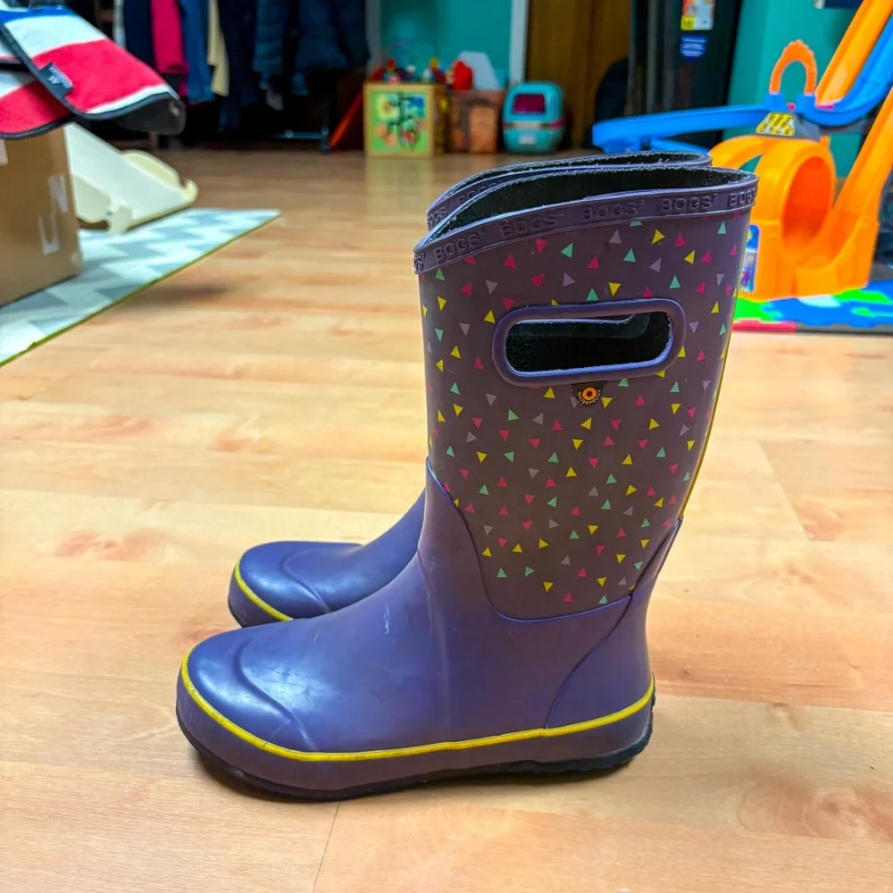 Bogs Purple & Yellow Classic Geo Triangle Print Rubber Rain Boots Kids Size 5